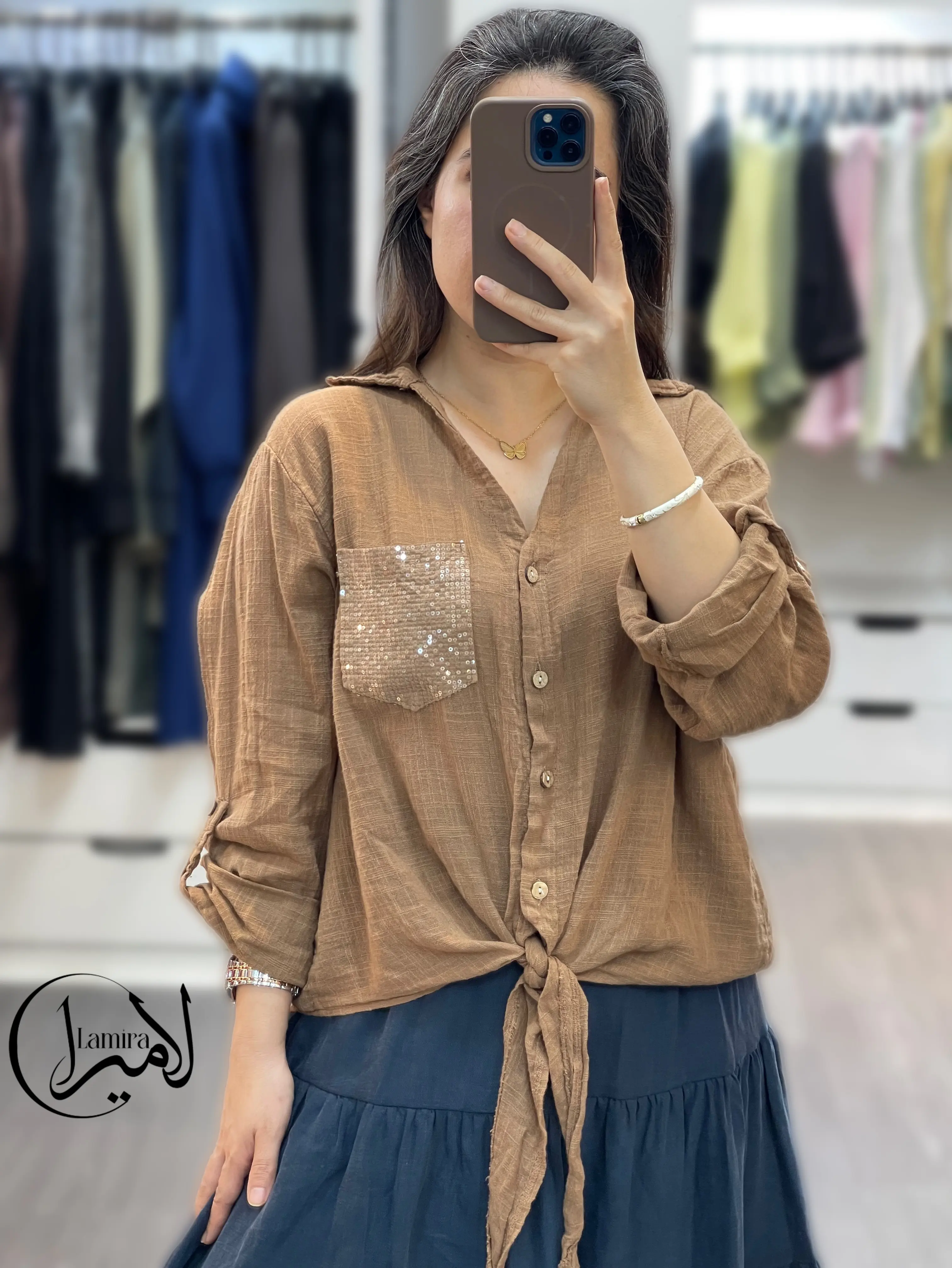 شومیز جلو گره ای لینن ایتالیایی جیب پولکی